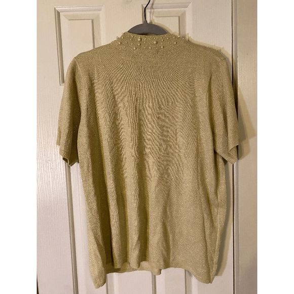 Susan Graver 🐾 Gold Beige Pearl Embellished Short-sleeve Blouse, Size Large - Picture 3 of 4